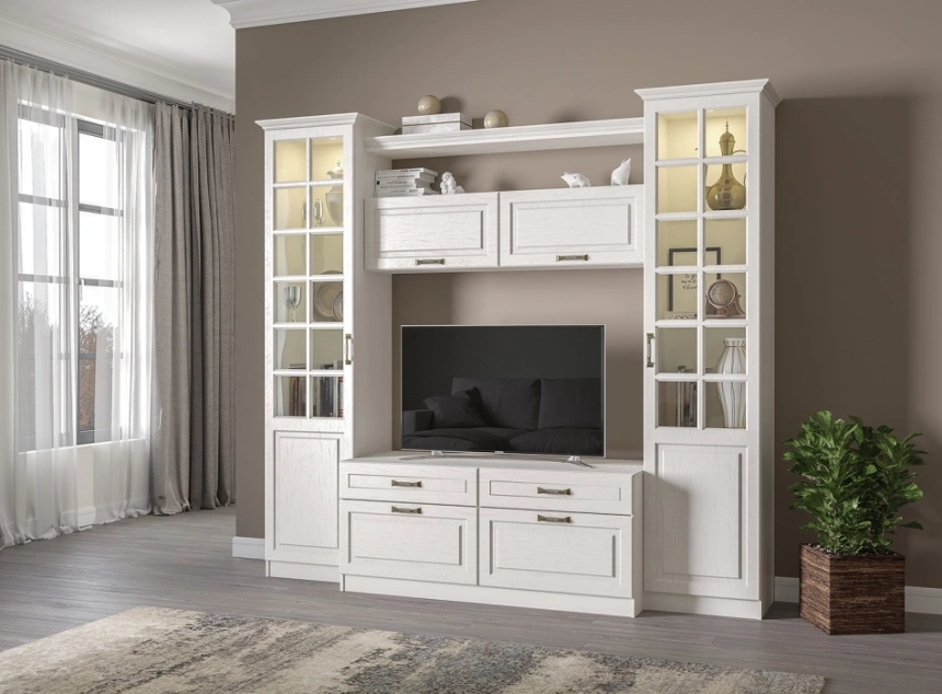 Витрина со стеклом Ливерпуль, белый / ясень ваниль