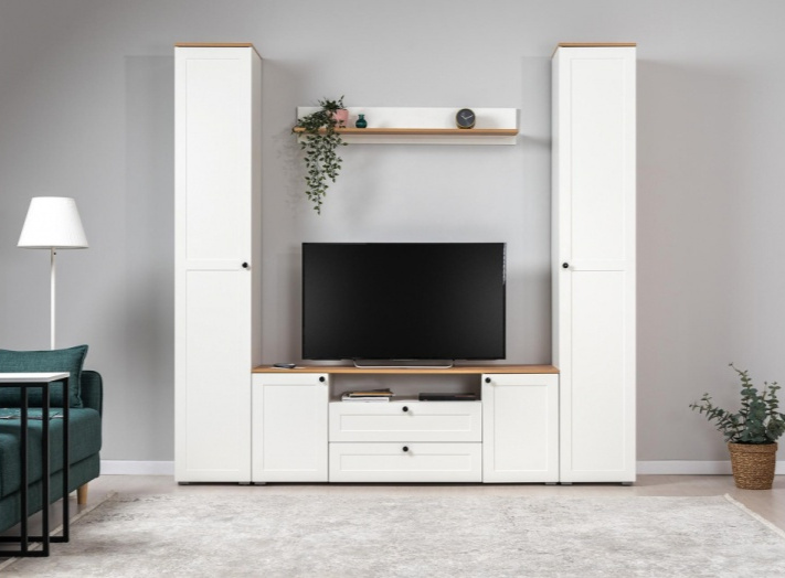 Шкаф одностворчатый Опра, распашной с полками, белый PE шагрень / дуб золотой craft