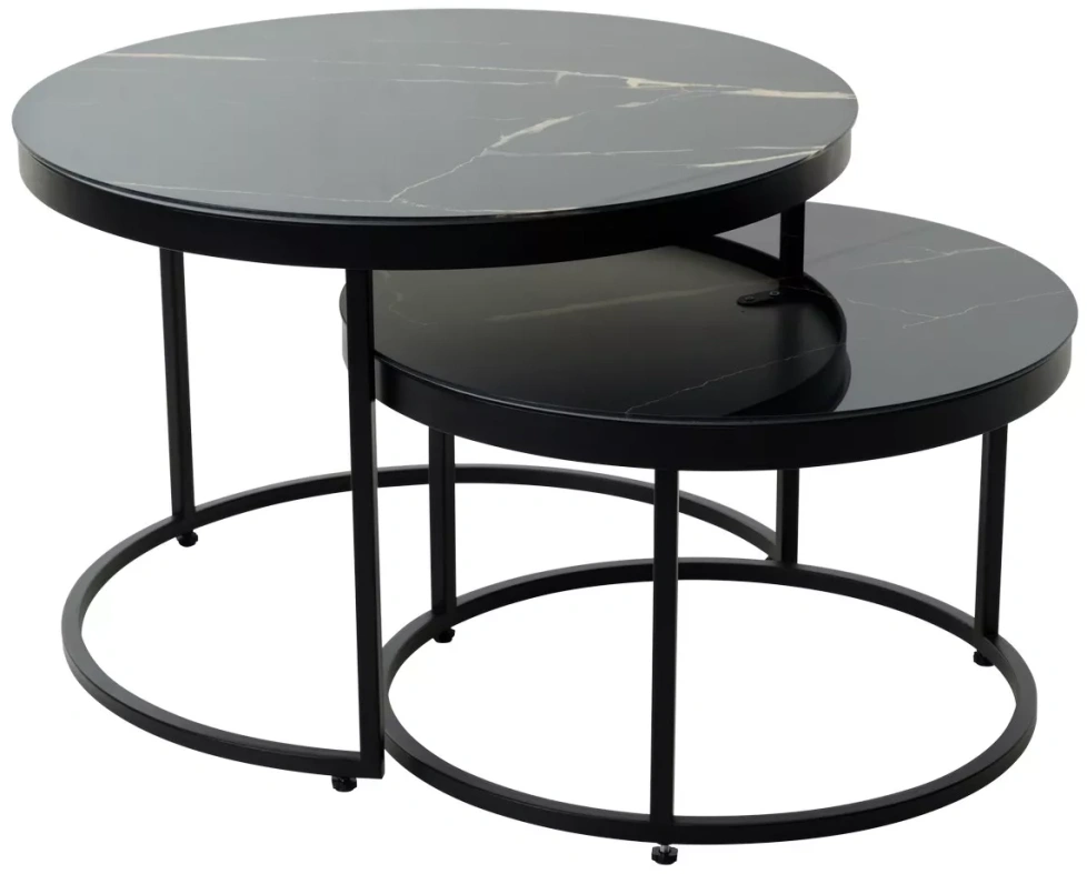 Комплект журнальных столиков Эрвин, стекло, обсидиан / черный каркас