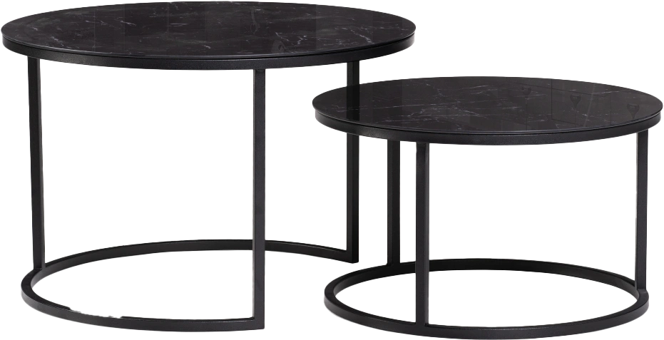Комплект журнальных столов Плумерия, стекло, черный мрамор, каркас черный