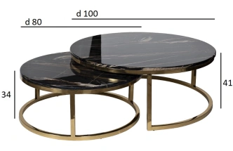 Комплект журнальных столов 57EL-CT101А-BL, 100x100x41, искусственный мрамор, черный мрамор / золото