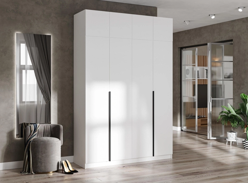 Шкаф четырехдверный Широн, распашной для одежды с антресолью, белый / белый