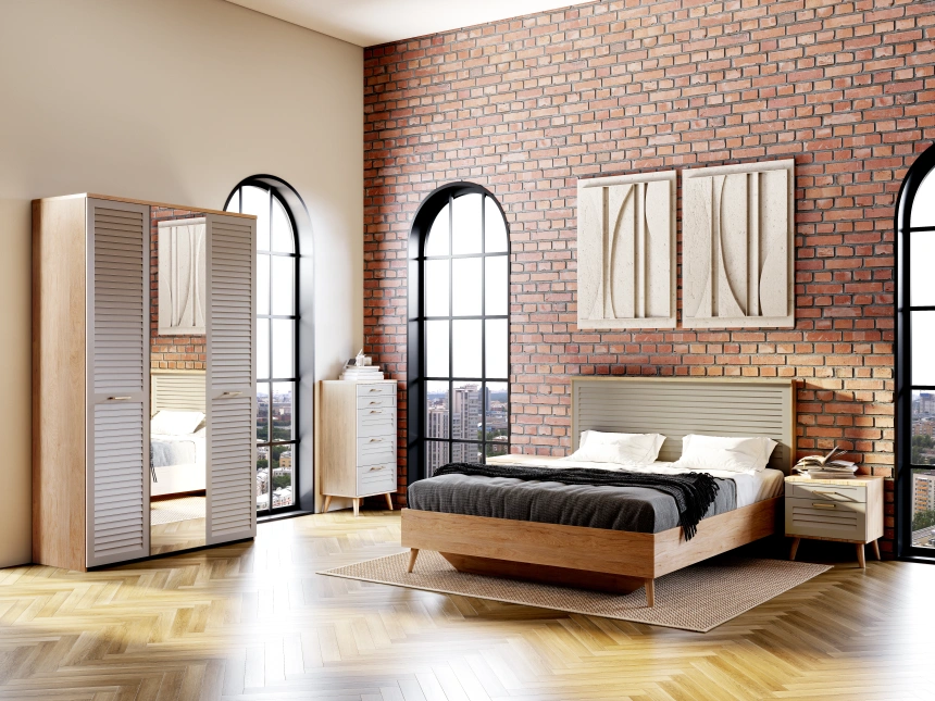 Шкаф трехдверный Гавана, с зеркалом, дуб натуральный светлый / светло-серый софт