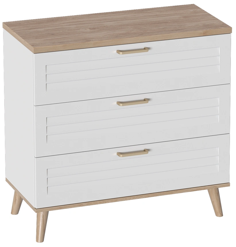 Комод Гавана, на ножках, с тремя ящиками, дуб натуральный светлый / белый матовый