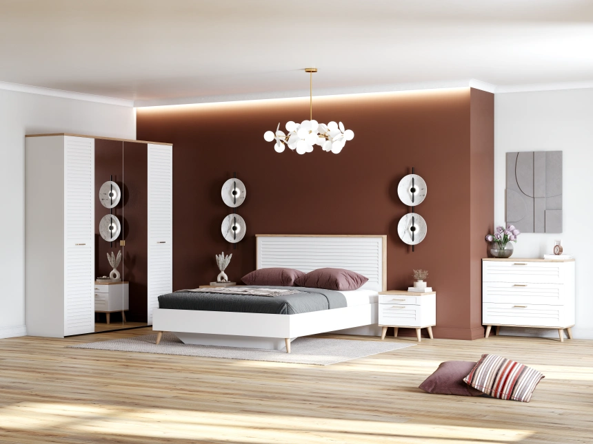 Комод Гавана, на ножках, с тремя ящиками, дуб натуральный светлый / белый матовый