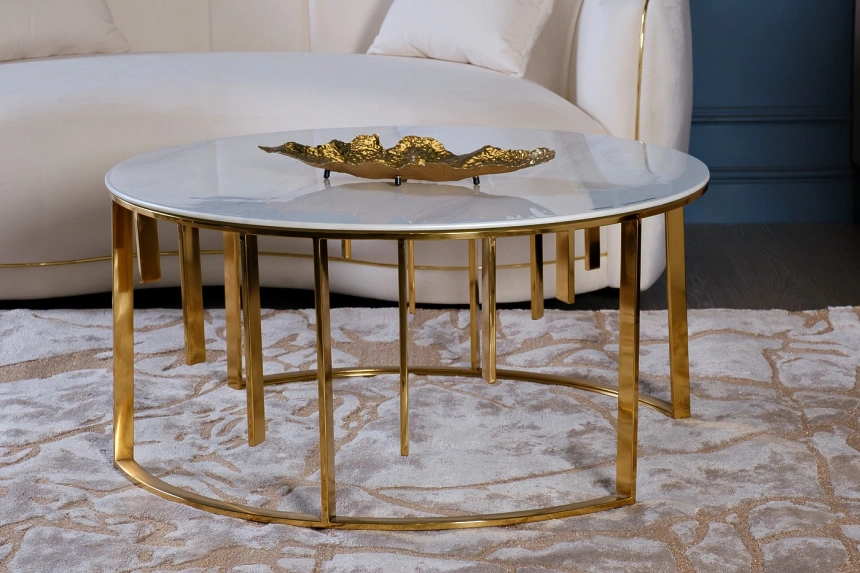 Журнальный стол GY-10006, 90x90x43, стекло в пленке ПВХ, белый мрамор / золото 