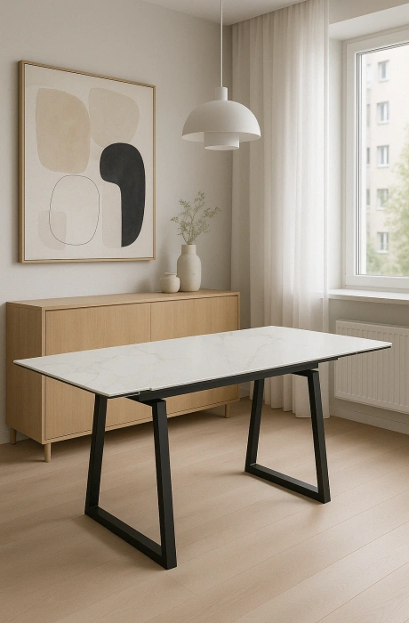 Обеденный раздвижной стол Джек, 140(200)х80, керамика, белый мрамор / черный