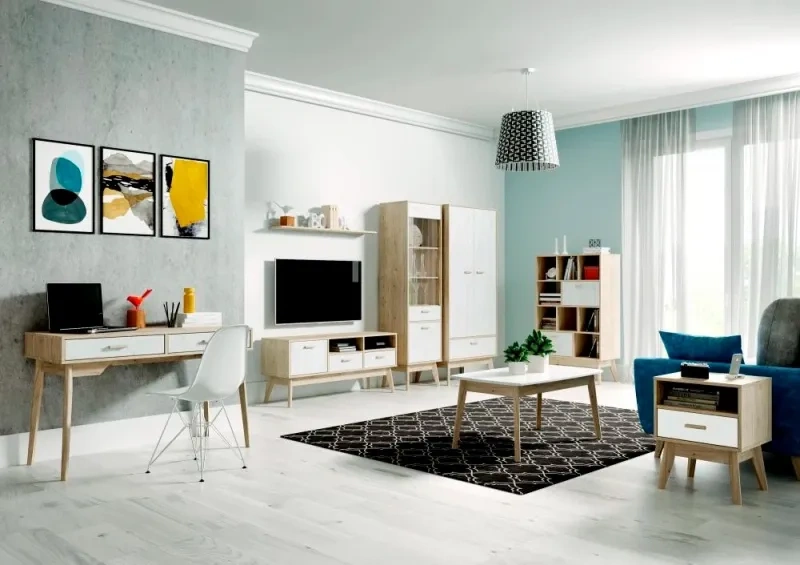 Модульная гостиная Калгари 3, дуб натуральный светлый / белый матовый