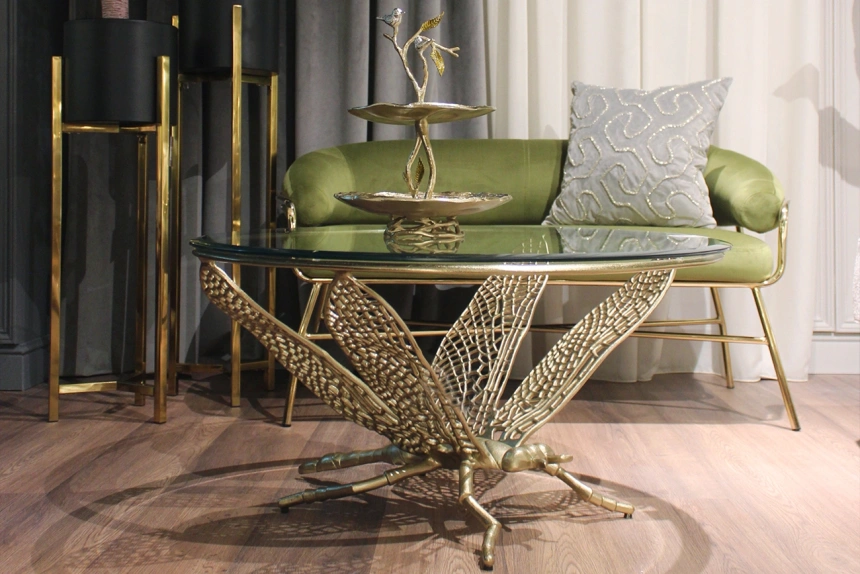 Журнальный стол Стрекоза, 84x84x44, стекло, прозрачный / золото