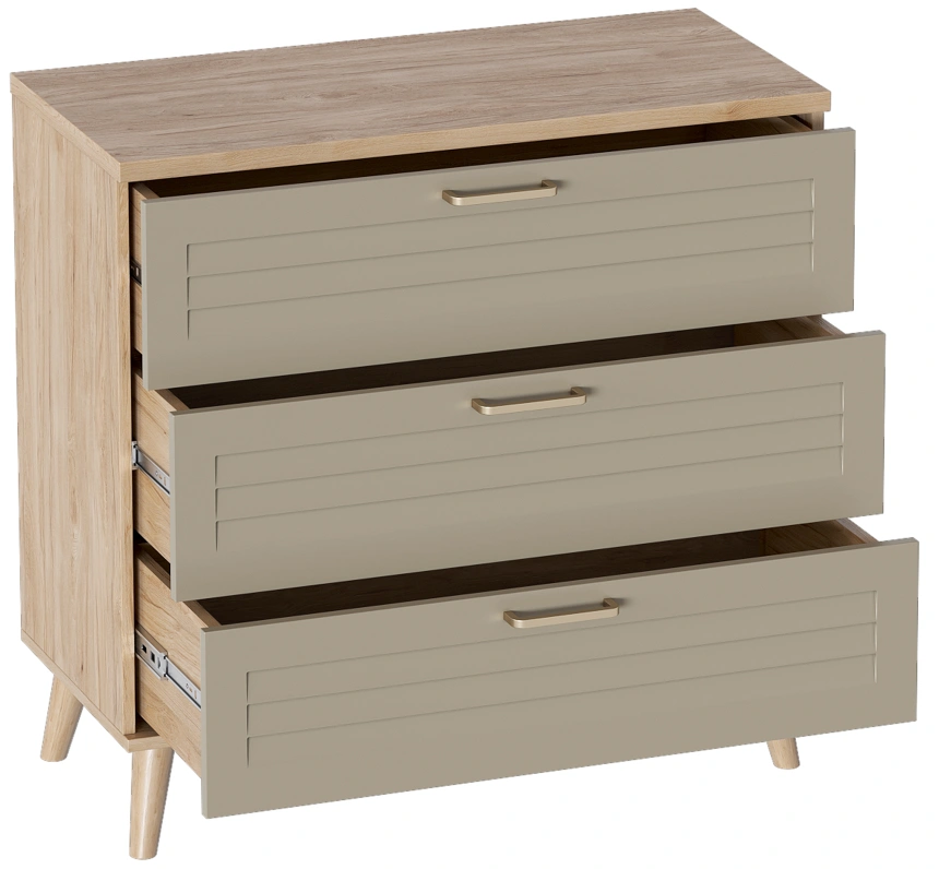 Комод Гавана, на ножках, с тремя ящиками, дуб натуральный светлый / светло-серый софт