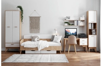 Стол письменный Калгари, с тумбой, дуб светлый / белый матовый