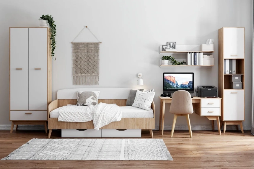 Стол письменный Калгари, с тумбой, дуб светлый / белый матовый