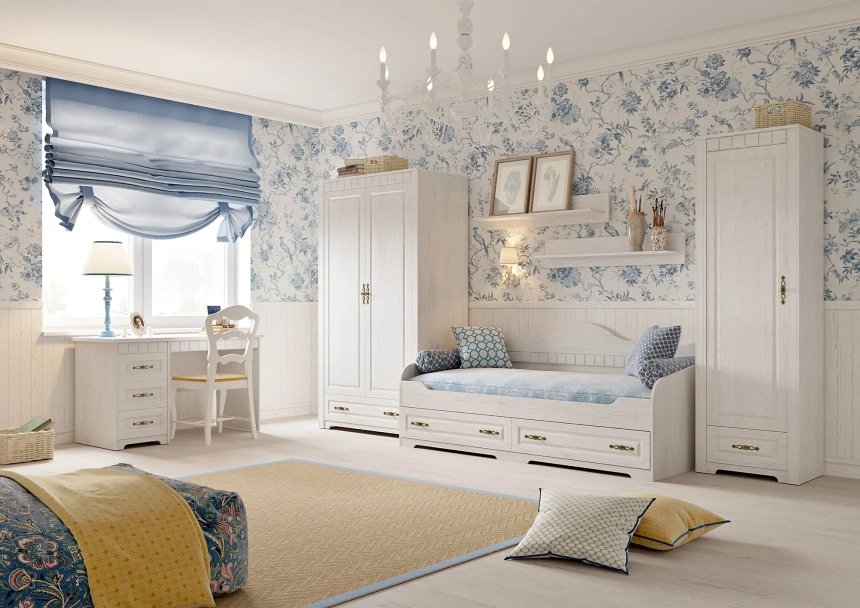 Кровать детская Прованс, с ящиками, бодега белая / патина премиум