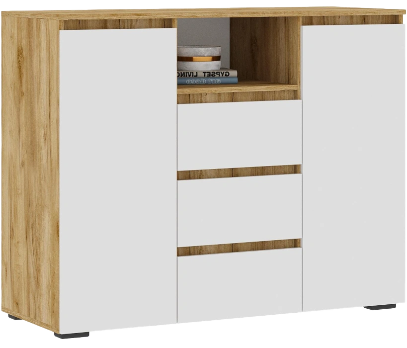 Комод Элла, с тремя ящиками и полками, белый / дуб крафт золото