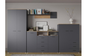 Комод Кассандра, с тремя ящиками и полками, дуб крафт золотой / антрацит