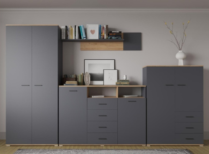 Комод Кассандра, с тремя ящиками и полками, дуб крафт золотой / антрацит