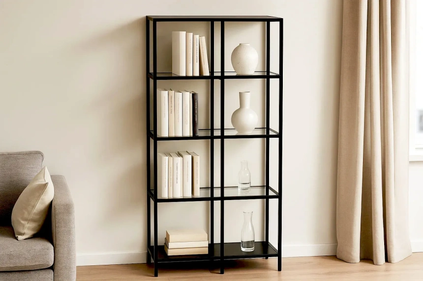 Стеллаж Нора 90, со стеклянными полками, черный