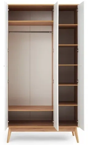 Шкаф трехдверный Калгари, распашной для одежды, дуб натуральный светлый / белый матовый
