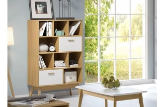 Стеллаж Калгари, с ящиками, дуб светлый / белый матовый