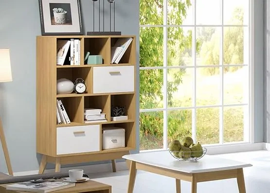 Стеллаж Калгари, с ящиками, дуб светлый / белый матовый