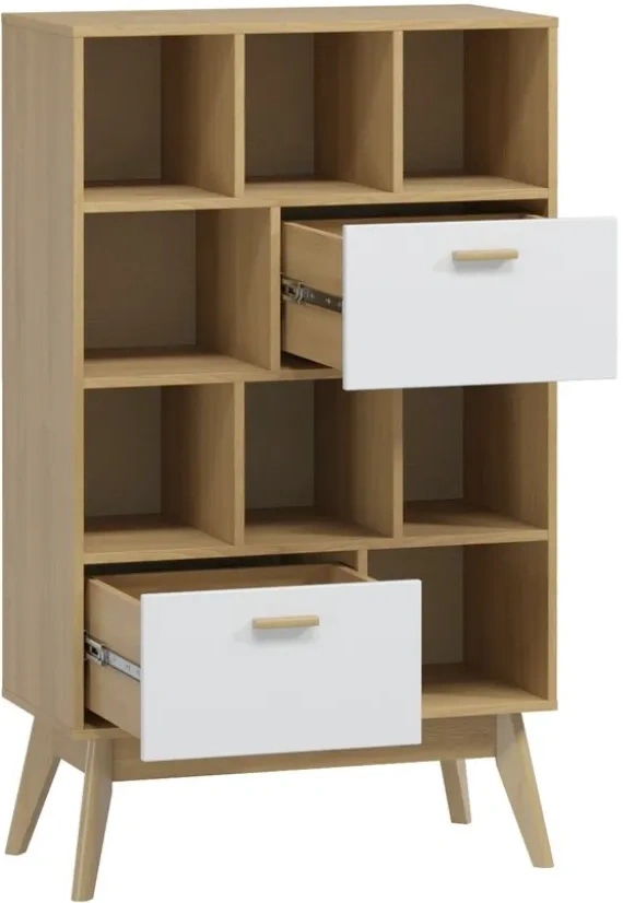 Стеллаж Калгари, с ящиками, дуб светлый / белый матовый