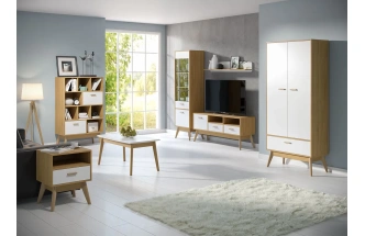 Стеллаж Калгари, с ящиками, дуб светлый / белый матовый