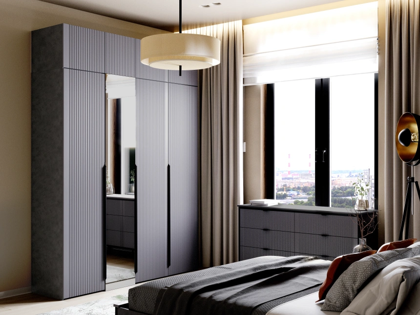 Комод Нора, на ножках, с шестью ящиками, металл бруклин / графит