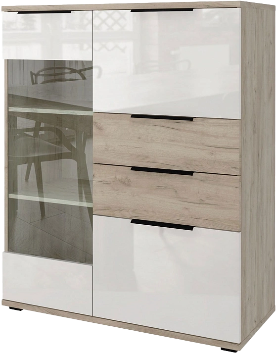Комод со стеклом Альянс 101x122x43, Дуб крафт/Белый глянец