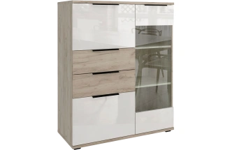 Комод со стеклом Альянс 101x122x43, Дуб крафт/Белый глянец
