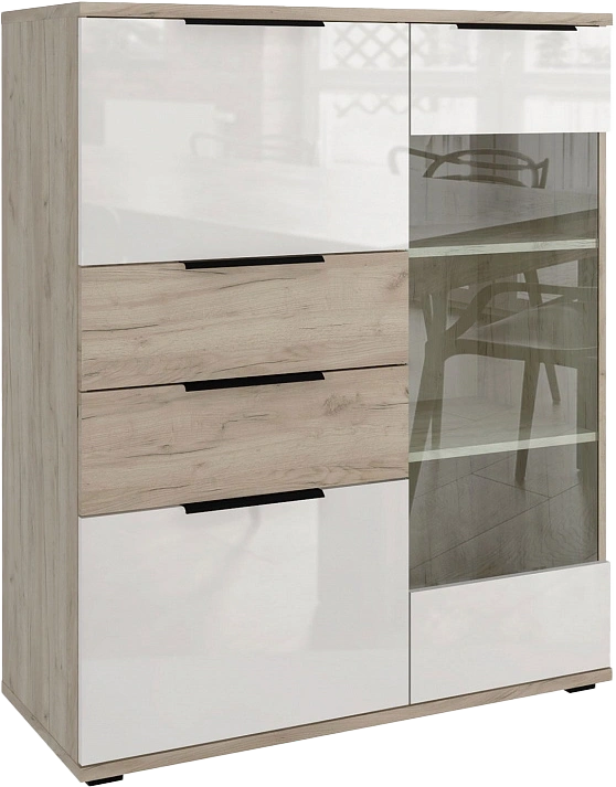 Комод со стеклом Альянс 101x122x43, Дуб крафт/Белый глянец