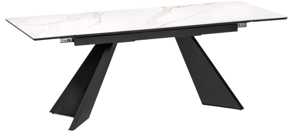 Кухонный стол раздвижной Ливи, 140(200), керамика, белый мрамор, каркас черный