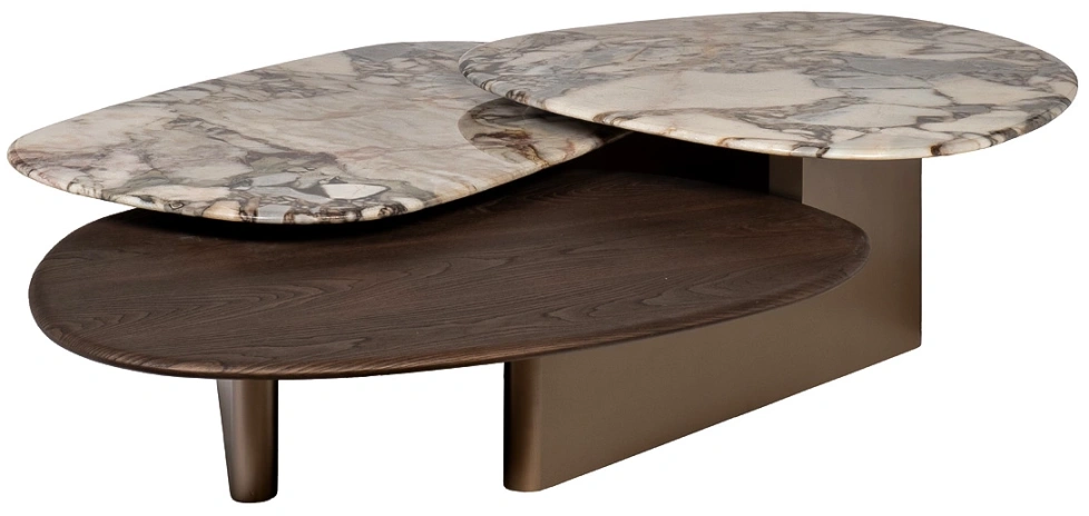 Журнальный стол 58DB-23173,158x109x35, МДФ, шпон, мрамор, бежевый мрамор / коричневый/ латунь