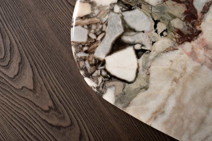 Журнальный стол 58DB-23173,158x109x35, МДФ, шпон, мрамор, бежевый мрамор / коричневый/ латунь