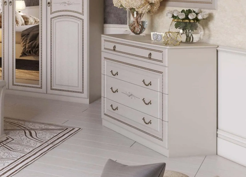 Комод с 4 ящиками Николь, ясень жемчужный / ваниль