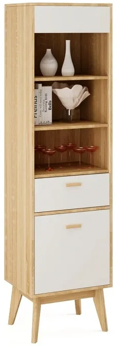 Шкаф-витрина Калгари, с полками, дуб натуральный светлый / белый матовый