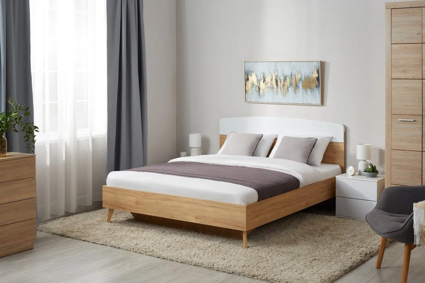 Кровать Калгари 120, полутораспальная, дуб натуральный светлый / белый матовый