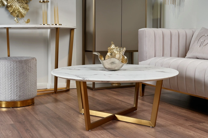 Журнальный стол Pearl White, 100x100x40.6, МДФ с полимерным покрытием, белый мрамор / золото