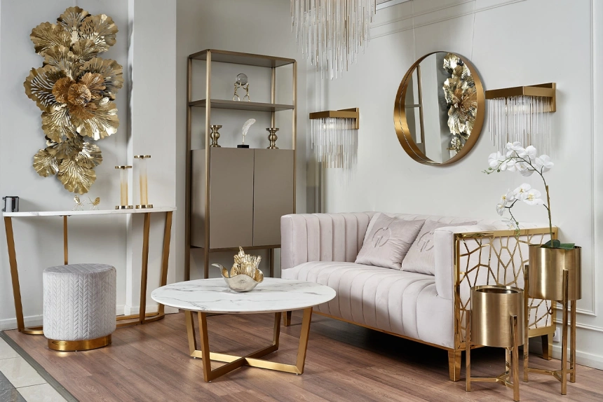 Журнальный стол Pearl White, 100x100x40.6, МДФ с полимерным покрытием, белый мрамор / золото