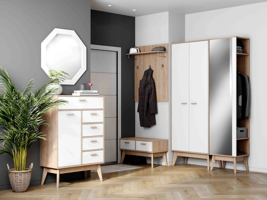 Тумба Калгари, низкая, с 2 ящиками, дуб светлый / белый матовый