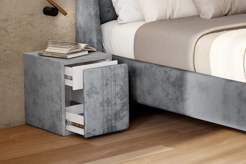 Тумба прикроватная Севилья, мягкая, с ящиками, велюр, тиффани серый