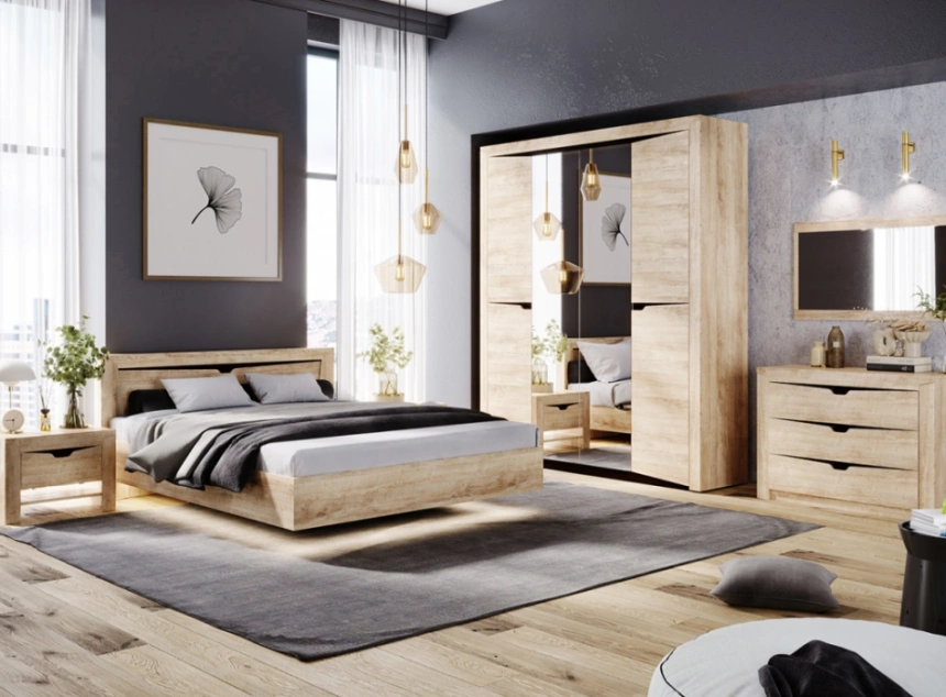 Двуспальная кровать Магантия, 160x200, с ПМ, парящая, дуб баррик