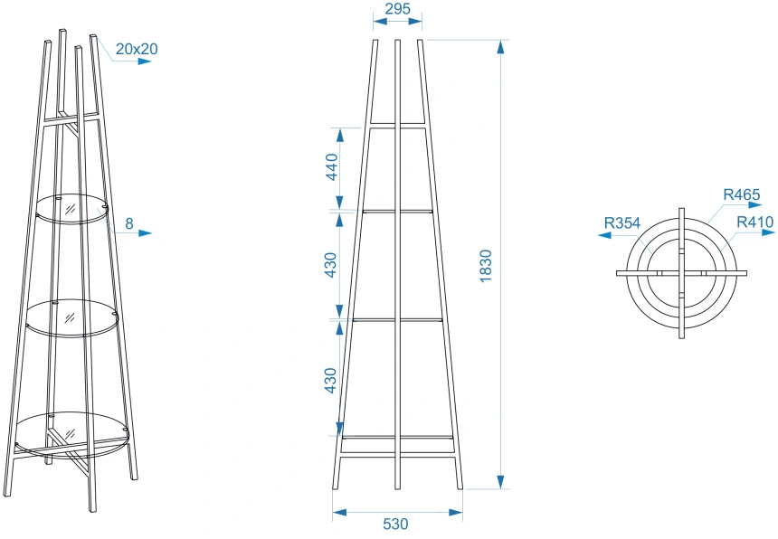 Стеллаж 47ED-00501, со стеклянными полками, золото