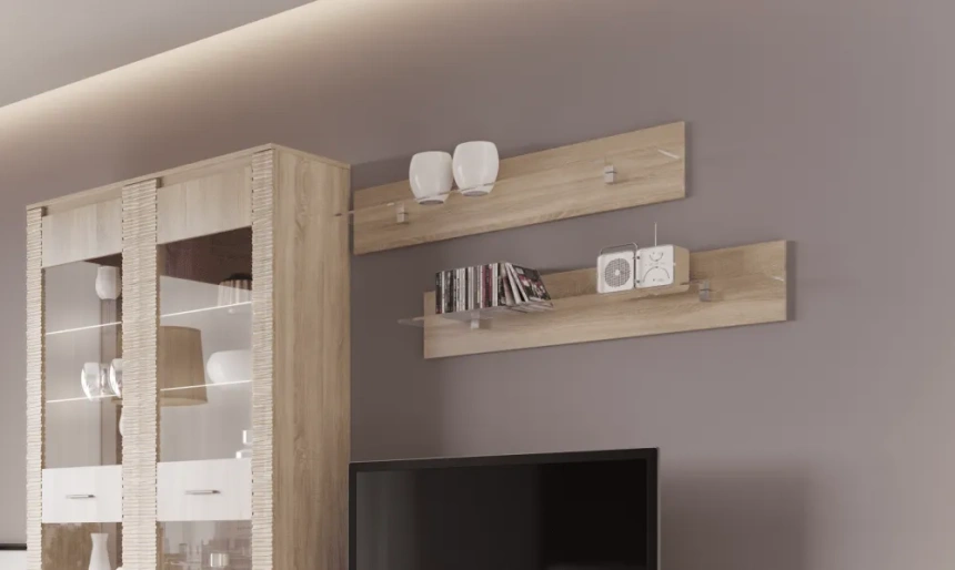 Полка Элана, открытая, дуб сонома / стекло