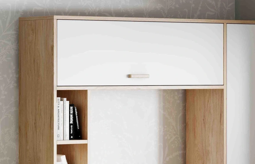 Стол компьютерный Калгари, с полками, дуб светлый / белый матовый