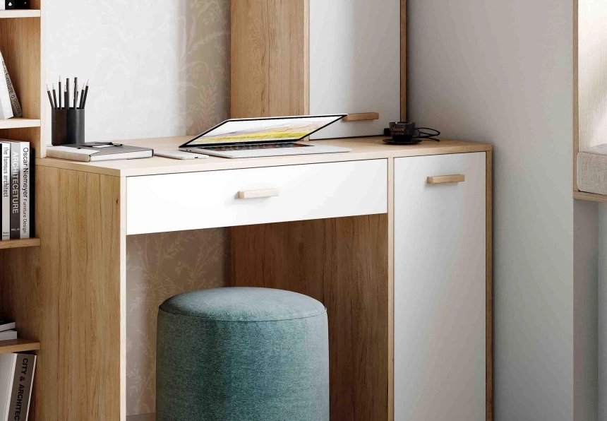 Стол компьютерный Калгари, с полками, дуб светлый / белый матовый