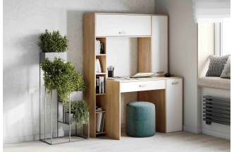 Стол компьютерный Калгари, с полками, дуб светлый / белый матовый