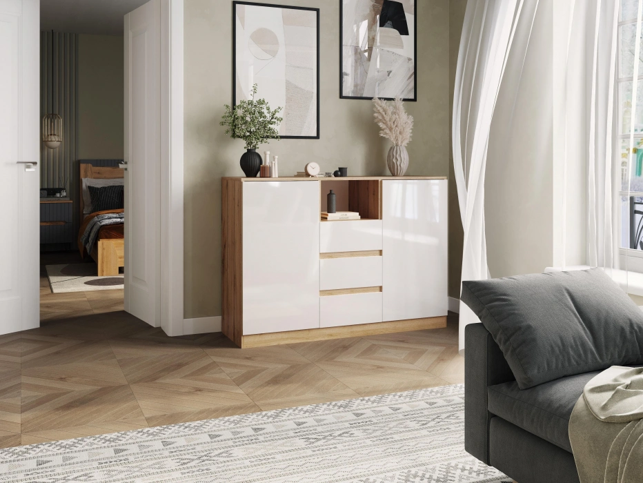 Комод Маллоу-2, с тремя ящиками и полками, дуб вотан / белый глянец