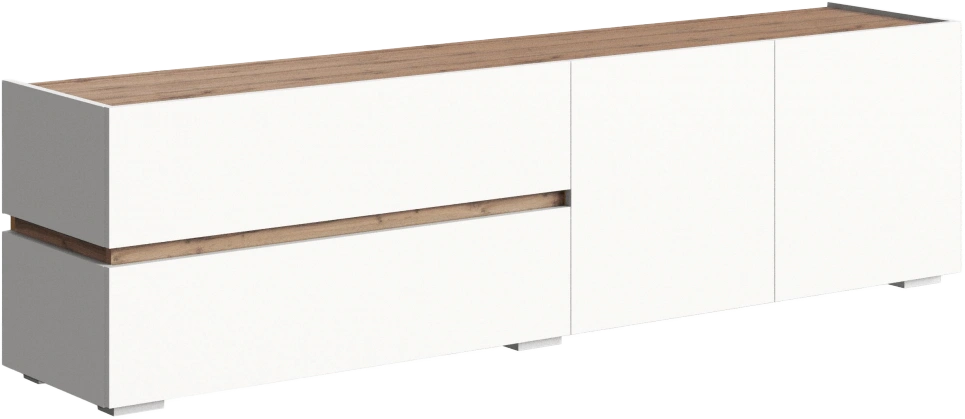 Тумба под ТВ Атлон, с двумя ящиками и полками, белый / дуб вотан