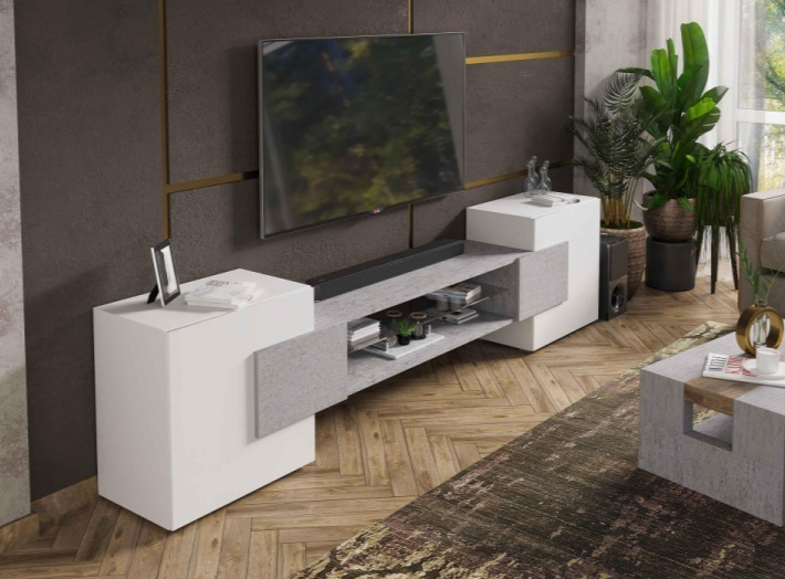 Тумба под ТВ Лисмор, с полками, белый / бетон светлый