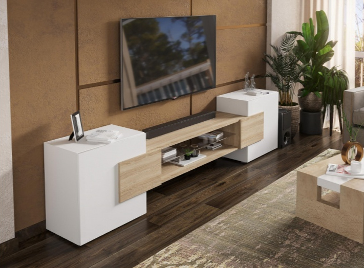 Тумба под ТВ Лисмор, с полками, белый / сонома